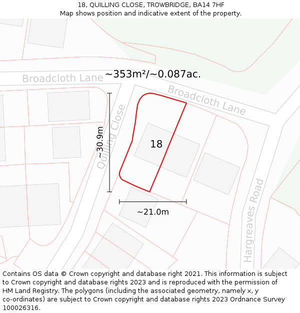 18, QUILLING CLOSE, TROWBRIDGE, BA14 7HF: Plot and title map