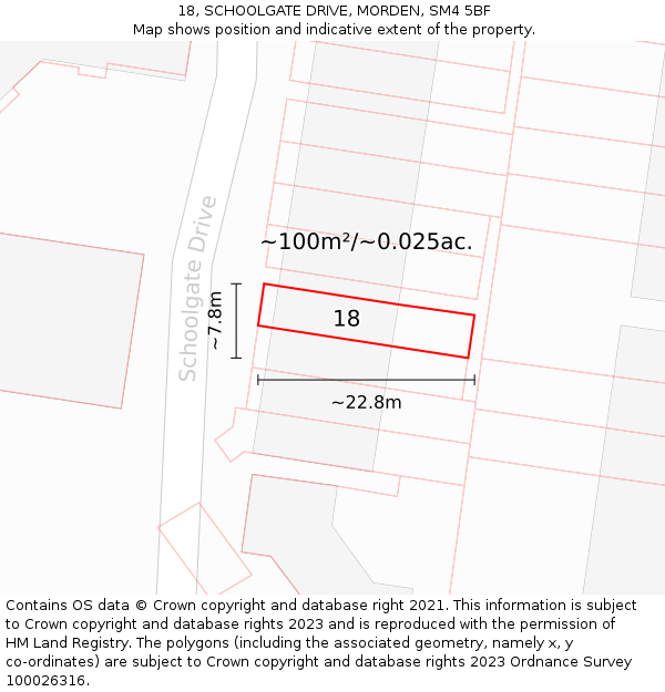 18, SCHOOLGATE DRIVE, MORDEN, SM4 5BF: Plot and title map