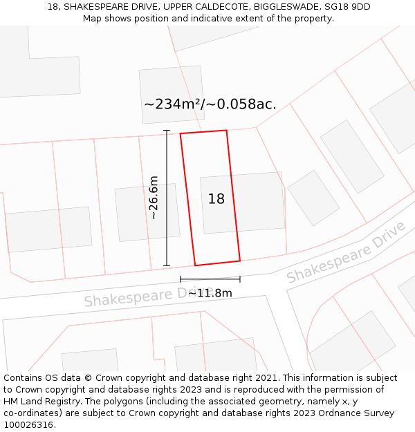 18, SHAKESPEARE DRIVE, UPPER CALDECOTE, BIGGLESWADE, SG18 9DD: Plot and title map