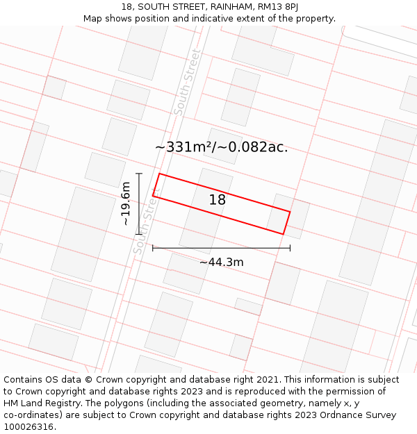 18, SOUTH STREET, RAINHAM, RM13 8PJ: Plot and title map