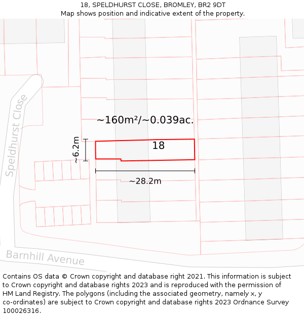 18, SPELDHURST CLOSE, BROMLEY, BR2 9DT: Plot and title map