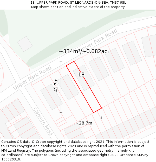 18, UPPER PARK ROAD, ST LEONARDS-ON-SEA, TN37 6SL: Plot and title map
