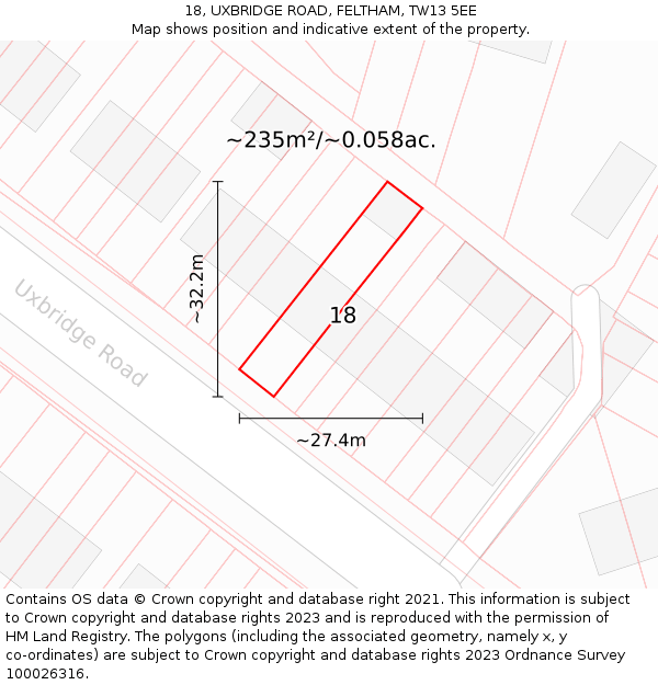 18, UXBRIDGE ROAD, FELTHAM, TW13 5EE: Plot and title map