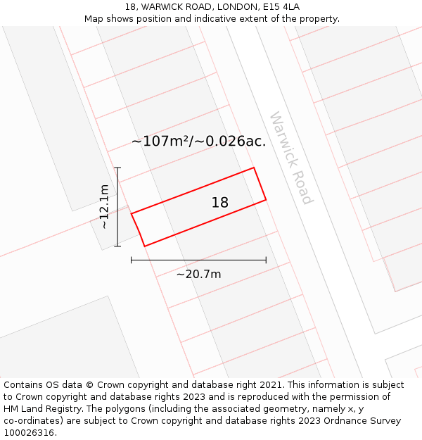 18, WARWICK ROAD, LONDON, E15 4LA: Plot and title map