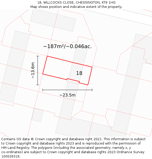 18, WILLCOCKS CLOSE, CHESSINGTON, KT9 1HG: Plot and title map