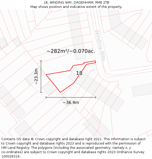 18, WINDING WAY, DAGENHAM, RM8 2TB: Plot and title map