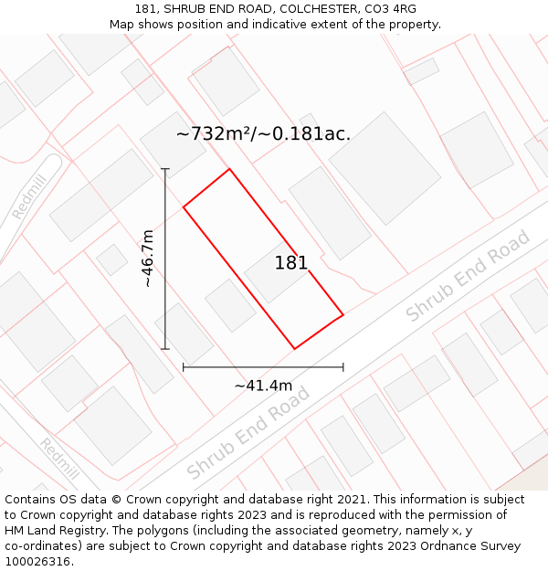 181, SHRUB END ROAD, COLCHESTER, CO3 4RG: Plot and title map