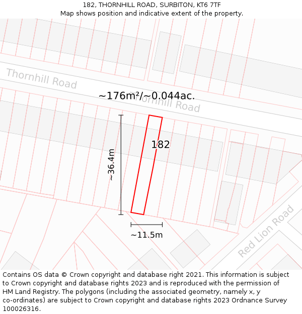 182, THORNHILL ROAD, SURBITON, KT6 7TF: Plot and title map
