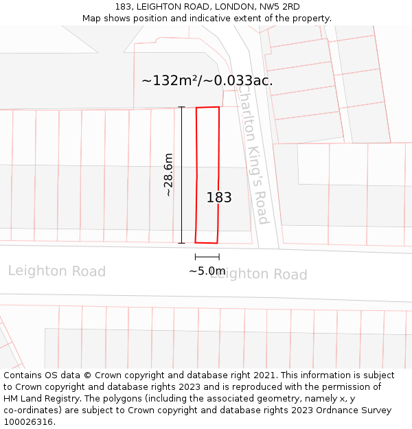 183, LEIGHTON ROAD, LONDON, NW5 2RD: Plot and title map