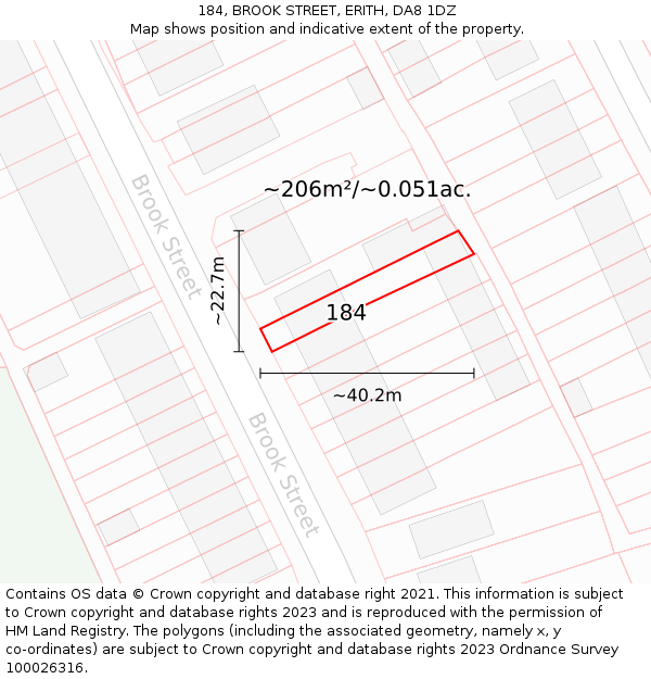 184, BROOK STREET, ERITH, DA8 1DZ: Plot and title map