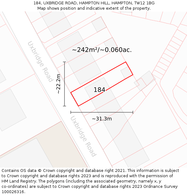 184, UXBRIDGE ROAD, HAMPTON HILL, HAMPTON, TW12 1BG: Plot and title map