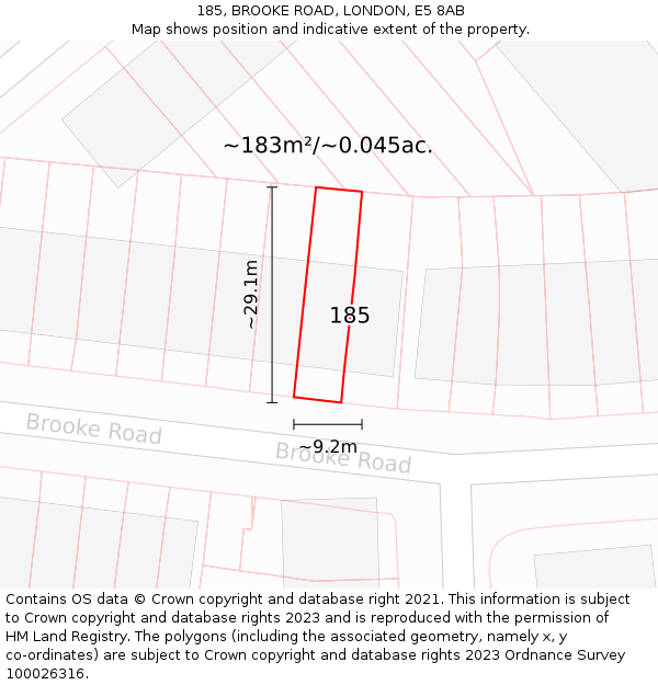 185, BROOKE ROAD, LONDON, E5 8AB: Plot and title map