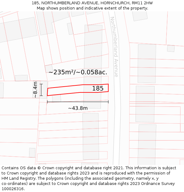 185, NORTHUMBERLAND AVENUE, HORNCHURCH, RM11 2HW: Plot and title map