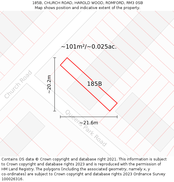 185B, CHURCH ROAD, HAROLD WOOD, ROMFORD, RM3 0SB: Plot and title map