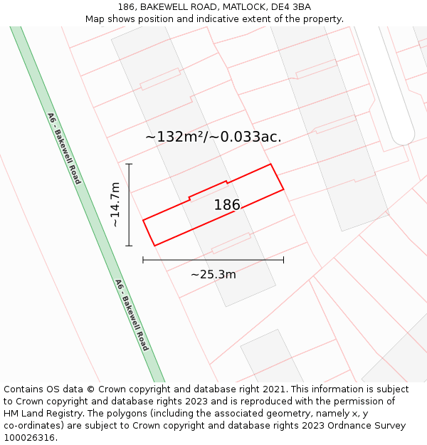 186, BAKEWELL ROAD, MATLOCK, DE4 3BA: Plot and title map