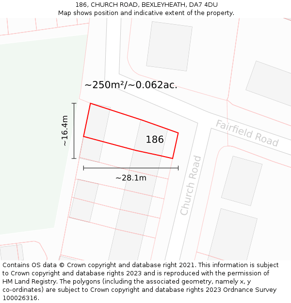 186, CHURCH ROAD, BEXLEYHEATH, DA7 4DU: Plot and title map