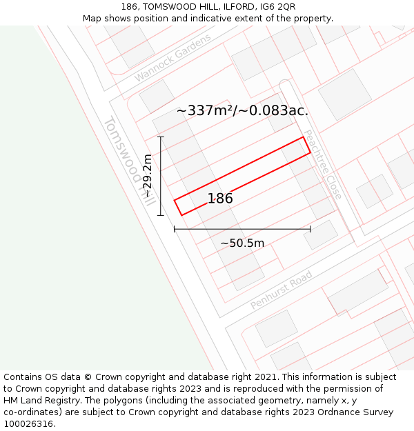 186, TOMSWOOD HILL, ILFORD, IG6 2QR: Plot and title map