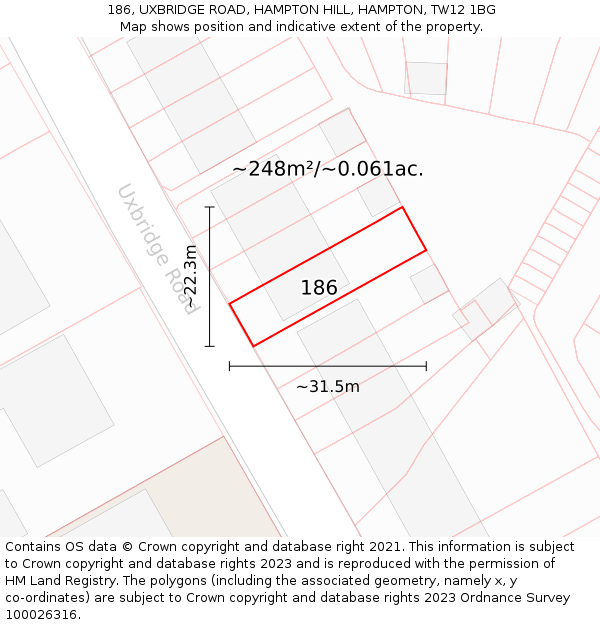 186, UXBRIDGE ROAD, HAMPTON HILL, HAMPTON, TW12 1BG: Plot and title map
