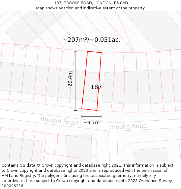 187, BROOKE ROAD, LONDON, E5 8AB: Plot and title map