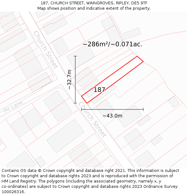 187, CHURCH STREET, WAINGROVES, RIPLEY, DE5 9TF: Plot and title map
