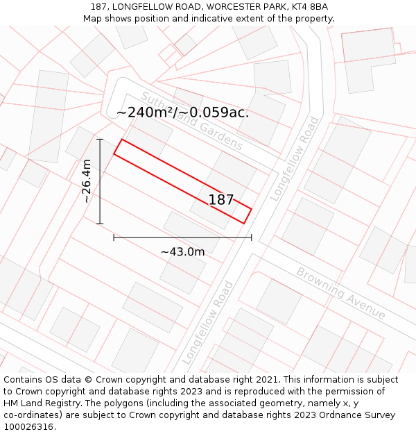 187, LONGFELLOW ROAD, WORCESTER PARK, KT4 8BA: Plot and title map