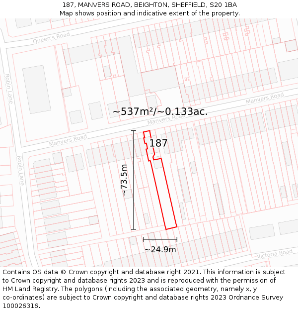 187, MANVERS ROAD, BEIGHTON, SHEFFIELD, S20 1BA: Plot and title map