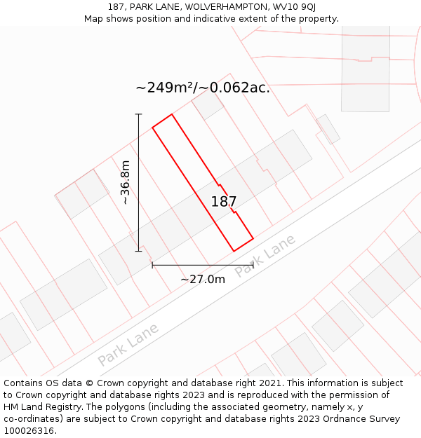 187, PARK LANE, WOLVERHAMPTON, WV10 9QJ: Plot and title map