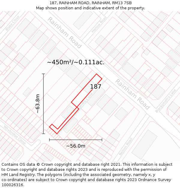 187, RAINHAM ROAD, RAINHAM, RM13 7SB: Plot and title map