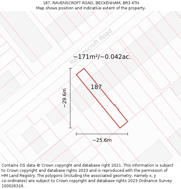 187, RAVENSCROFT ROAD, BECKENHAM, BR3 4TN: Plot and title map