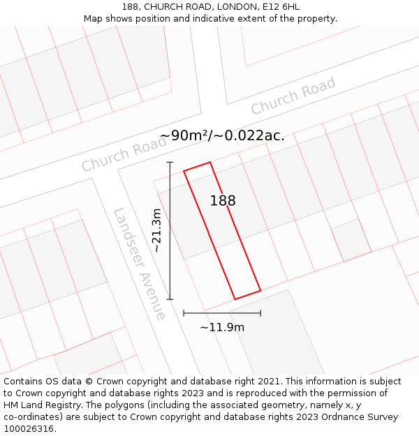 188, CHURCH ROAD, LONDON, E12 6HL: Plot and title map