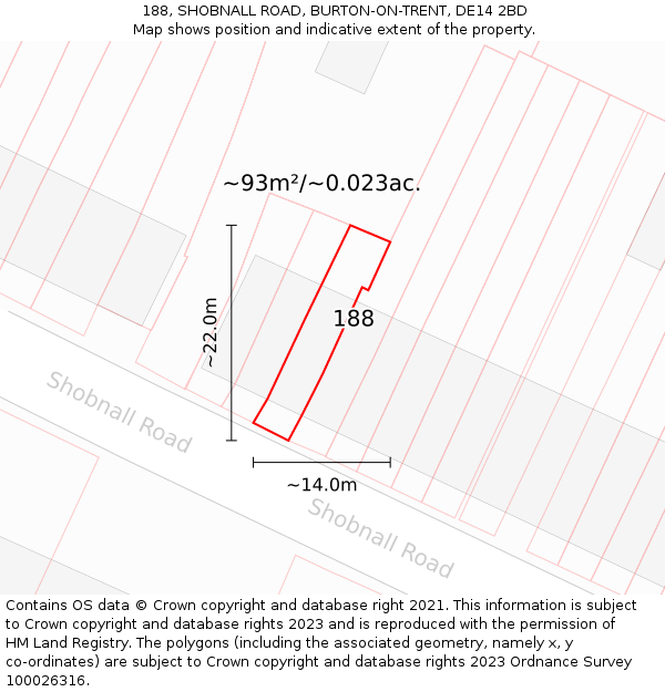 188, SHOBNALL ROAD, BURTON-ON-TRENT, DE14 2BD: Plot and title map