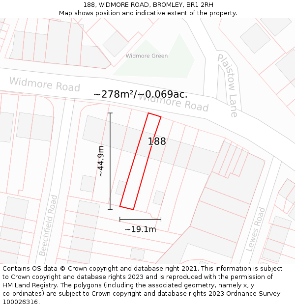 188, WIDMORE ROAD, BROMLEY, BR1 2RH: Plot and title map