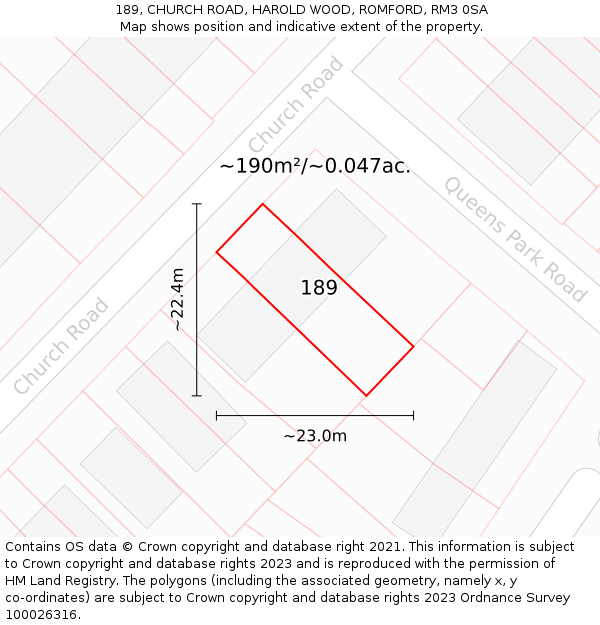 189, CHURCH ROAD, HAROLD WOOD, ROMFORD, RM3 0SA: Plot and title map