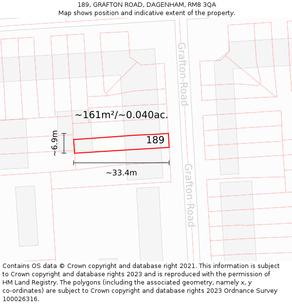 189, GRAFTON ROAD, DAGENHAM, RM8 3QA: Plot and title map