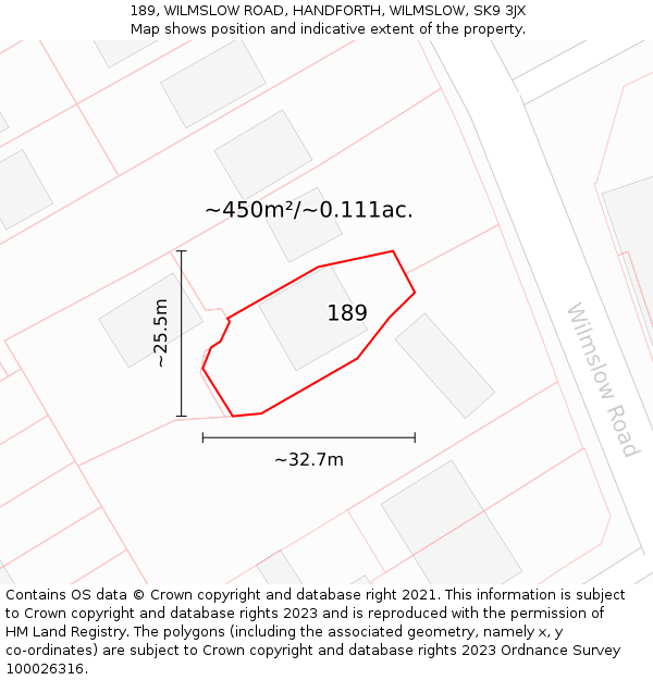 189, WILMSLOW ROAD, HANDFORTH, WILMSLOW, SK9 3JX: Plot and title map