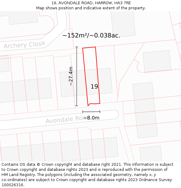 19, AVONDALE ROAD, HARROW, HA3 7RE: Plot and title map