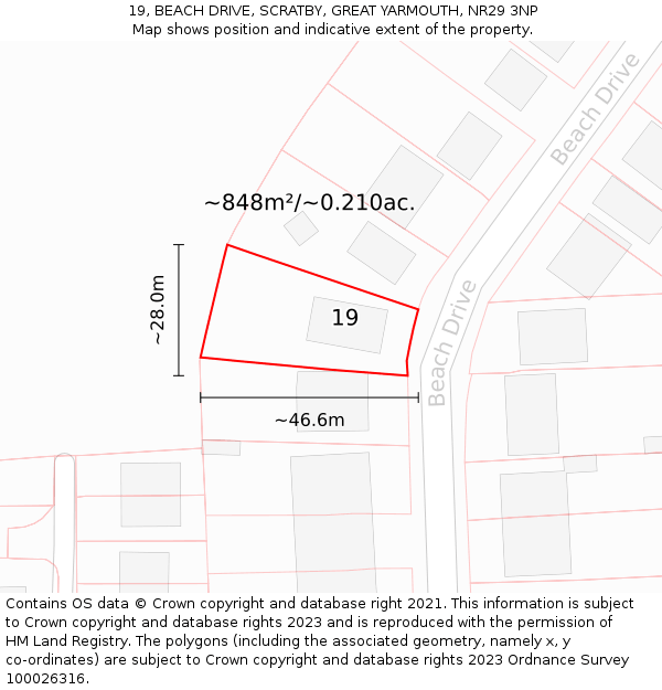 19, BEACH DRIVE, SCRATBY, GREAT YARMOUTH, NR29 3NP: Plot and title map