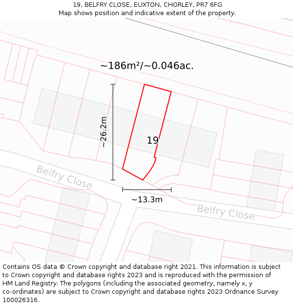 19, BELFRY CLOSE, EUXTON, CHORLEY, PR7 6FG: Plot and title map