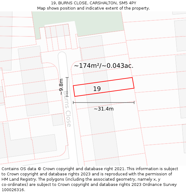 19, BURNS CLOSE, CARSHALTON, SM5 4PY: Plot and title map