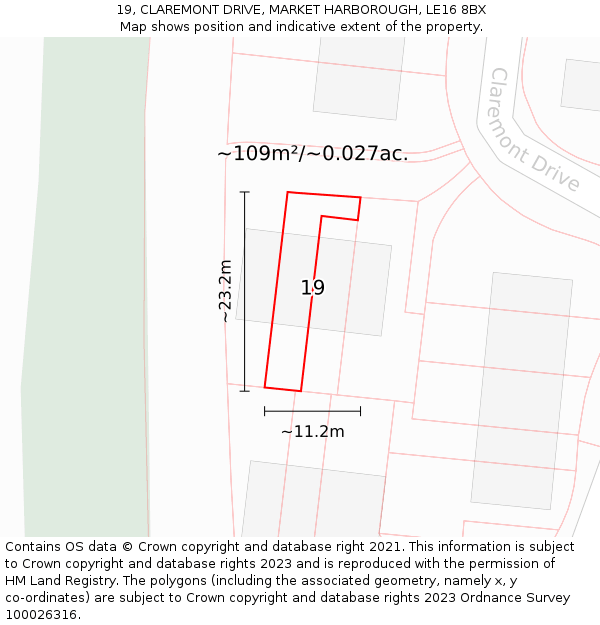 19, CLAREMONT DRIVE, MARKET HARBOROUGH, LE16 8BX: Plot and title map