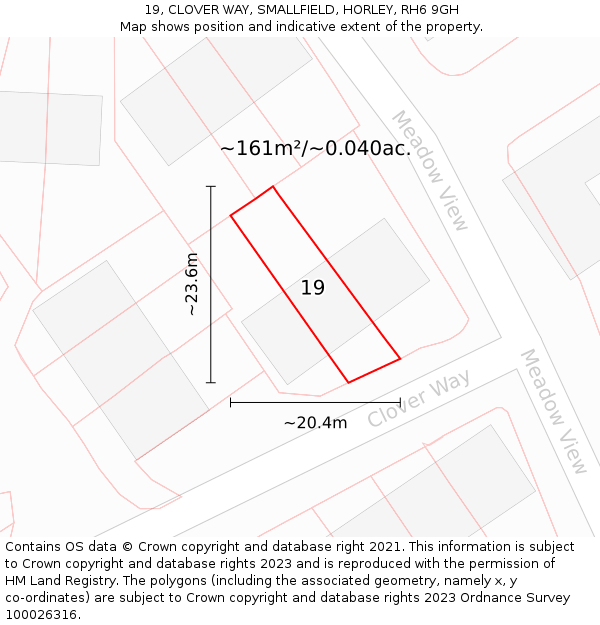 19, CLOVER WAY, SMALLFIELD, HORLEY, RH6 9GH: Plot and title map