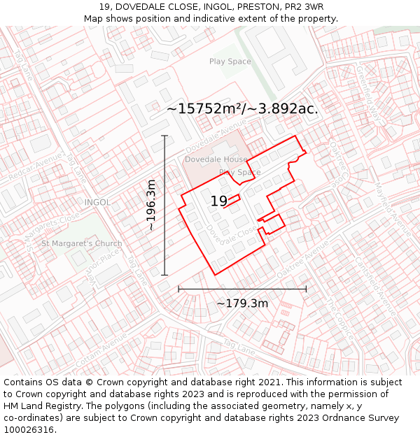 19, DOVEDALE CLOSE, INGOL, PRESTON, PR2 3WR: Plot and title map