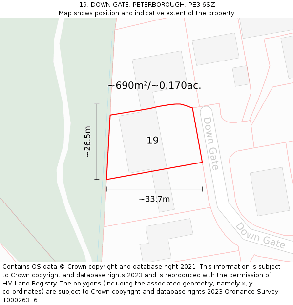 19, DOWN GATE, PETERBOROUGH, PE3 6SZ: Plot and title map