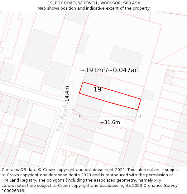19, FOX ROAD, WHITWELL, WORKSOP, S80 4SA: Plot and title map