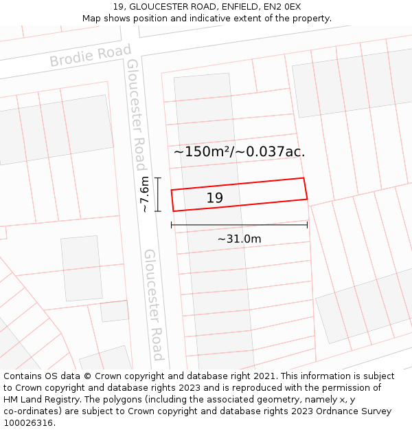 19, GLOUCESTER ROAD, ENFIELD, EN2 0EX: Plot and title map