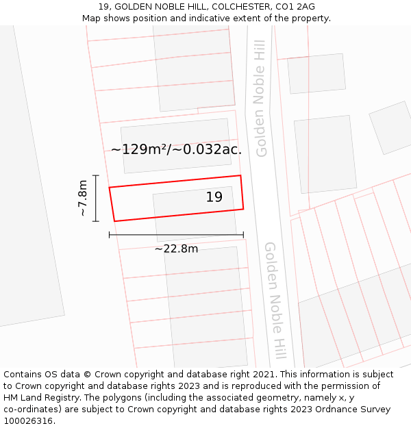 19, GOLDEN NOBLE HILL, COLCHESTER, CO1 2AG: Plot and title map