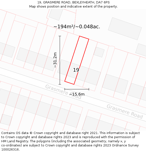 19, GRASMERE ROAD, BEXLEYHEATH, DA7 6PS: Plot and title map