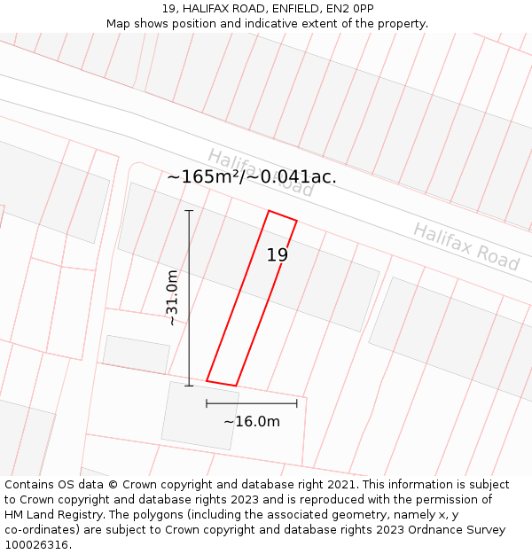 19, HALIFAX ROAD, ENFIELD, EN2 0PP: Plot and title map