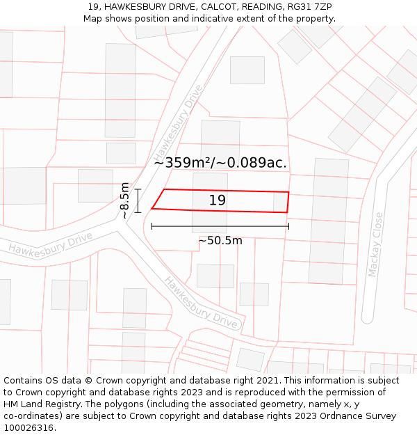 19, HAWKESBURY DRIVE, CALCOT, READING, RG31 7ZP: Plot and title map