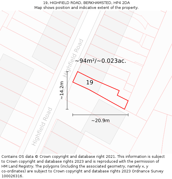 19, HIGHFIELD ROAD, BERKHAMSTED, HP4 2DA: Plot and title map